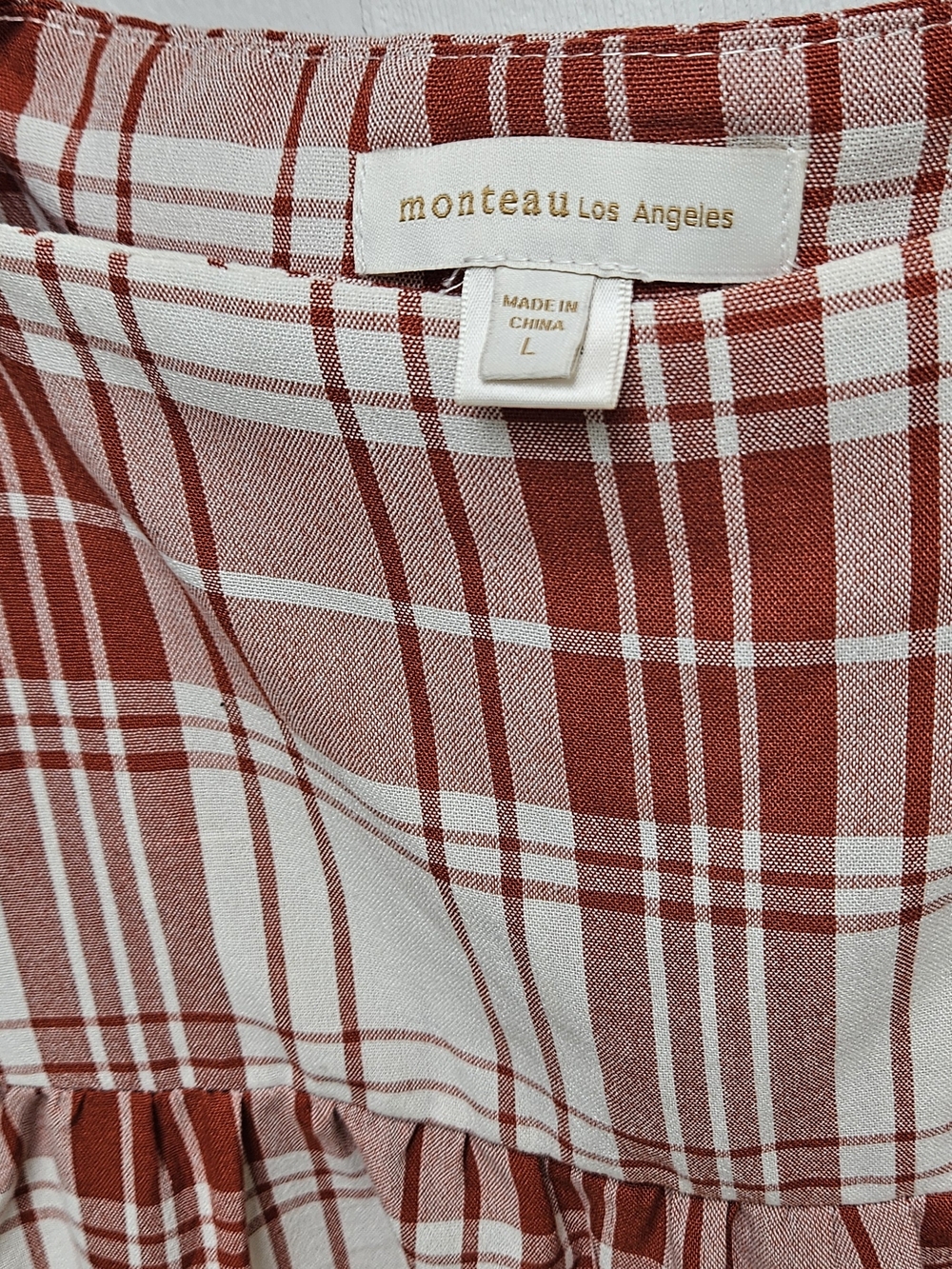 NWT Monteau Los Angeles Plaid Babydoll Dress | Rust Red Cream | Size M